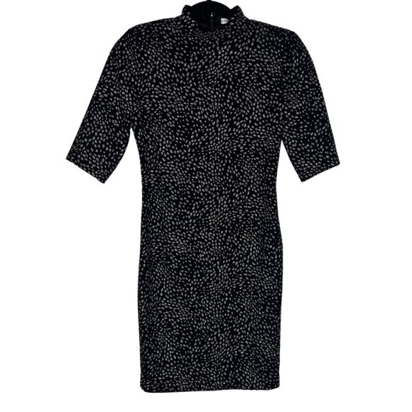 Alice + Olivia Inka Strong Shoulder Mock Neck Mini Dress sz 0 Black Silver Dot - Picture 2 of 7